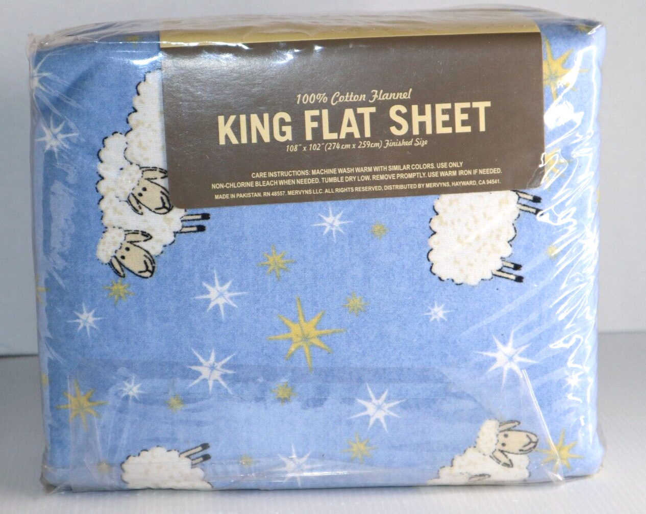 Flannel FLAT Sheet 100% Cotton King Size Sheep Lamb Stars Blue/White Cozy Sleep