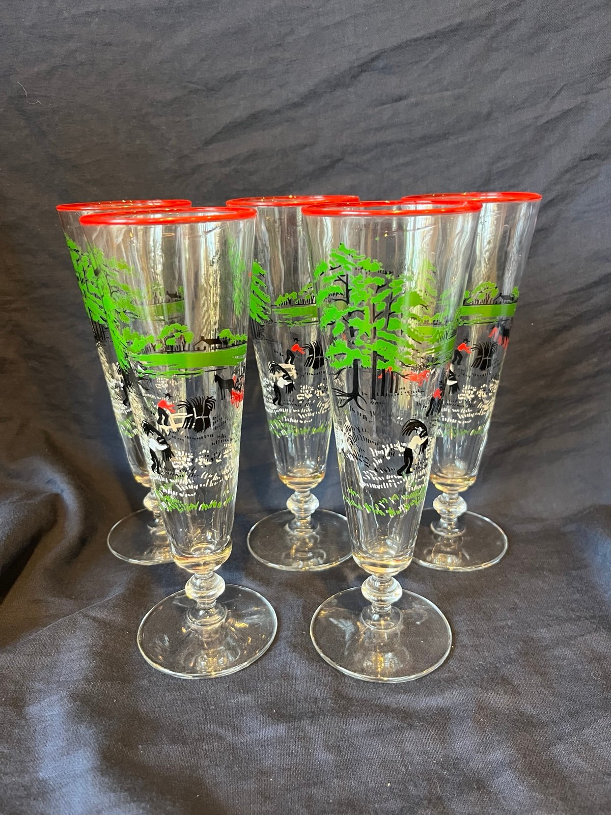 Vintage Libbey Pilsner Beer Glasses Farm Scene Currier & Ives Set Of 5