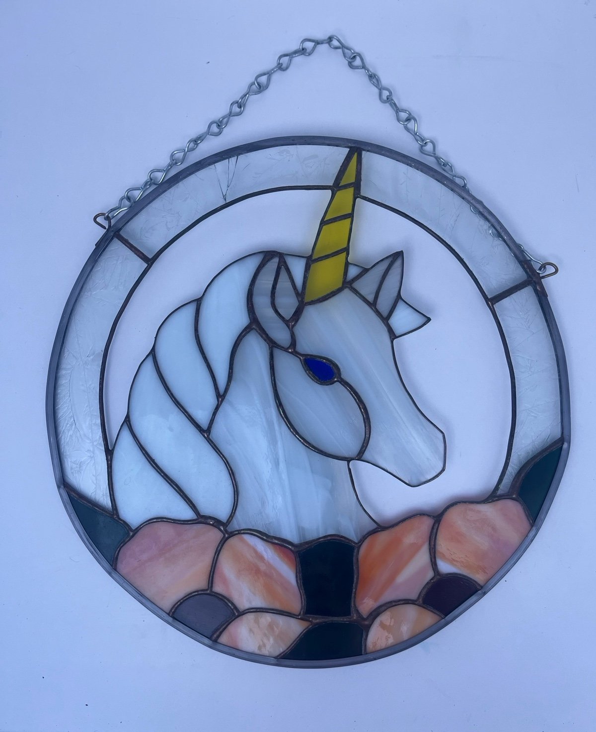 Vintage Unicorn Stained Glass Sun Catcher Peach Flowers Fantasy Decor VTG