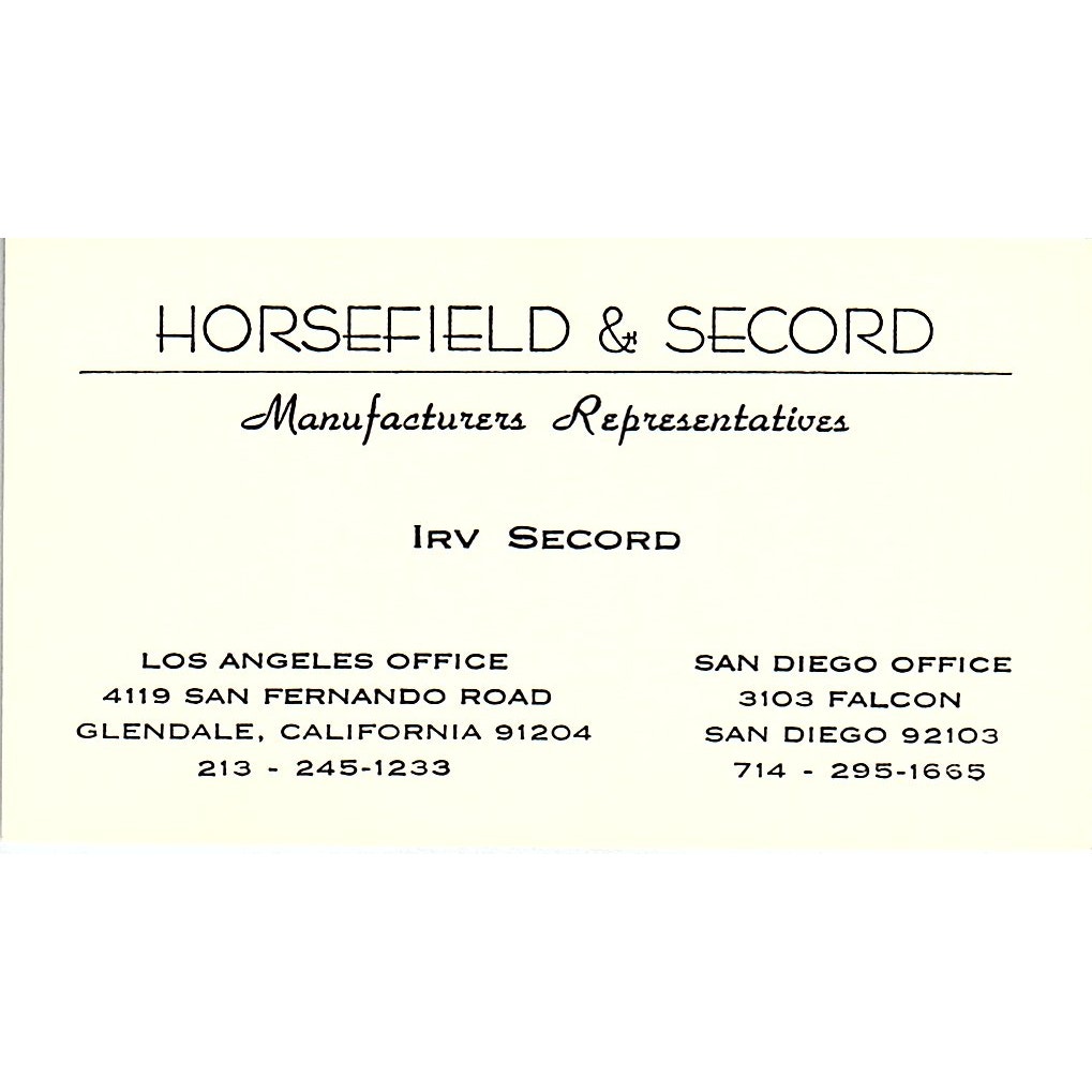 Horsefield & Secord Irv Secord Los Angeles Glendale Vintage Business Card SD9-B5