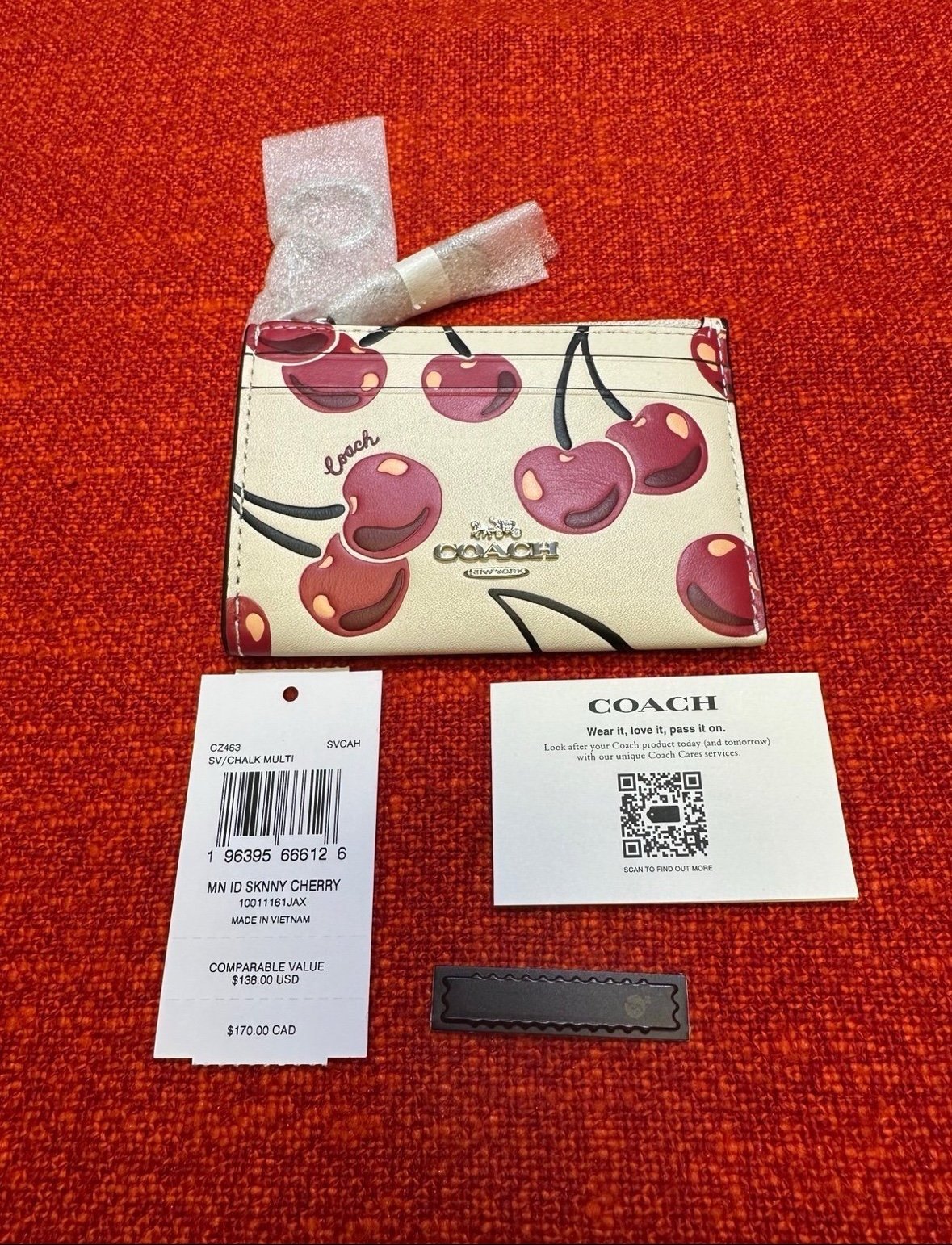 Coach Mini Skinny ID Card Case in Cherry Print Silver/Chalk Leather CZ463