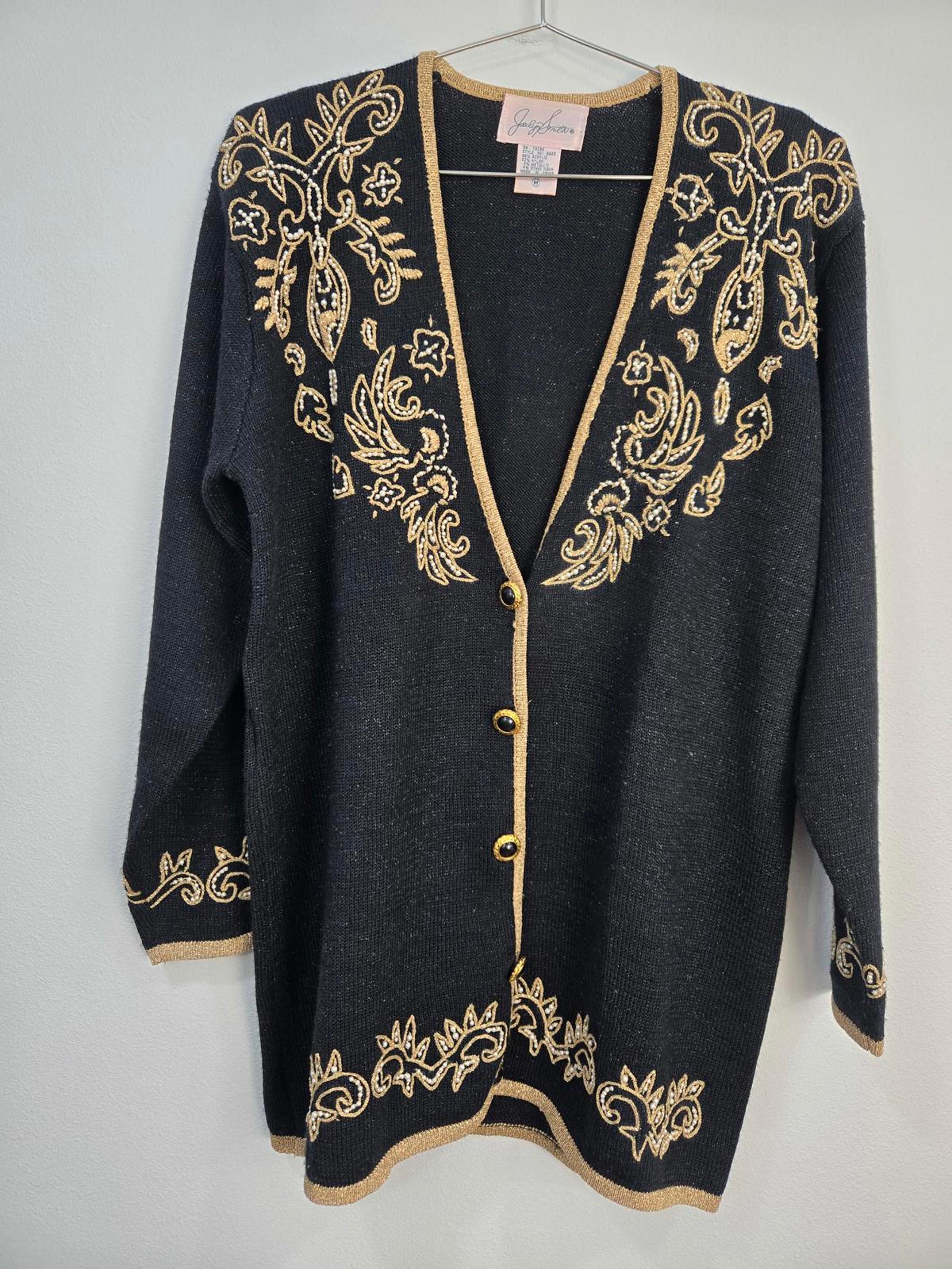 80s vintage Elegant Black Cardigan Gold Jaclyn Smith Medium