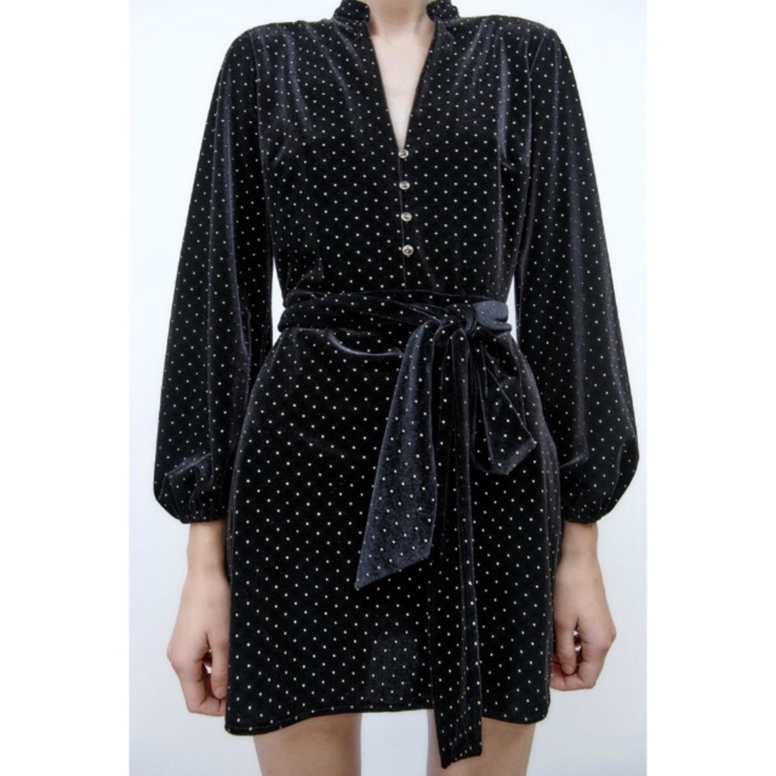 NEW ZARA VELVET SHIRT DRESS BLACK DRESS GOLD POLKA DOTS MEDIUM