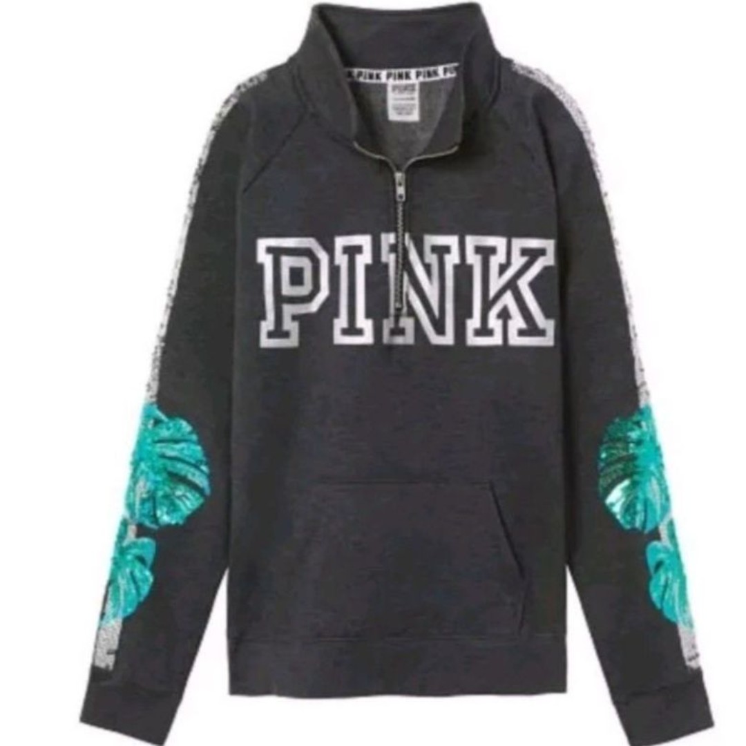 Women's Victoria Secret PINK Sequin Palm Leaf Bling Quarter Zip Sweatshirt Top S