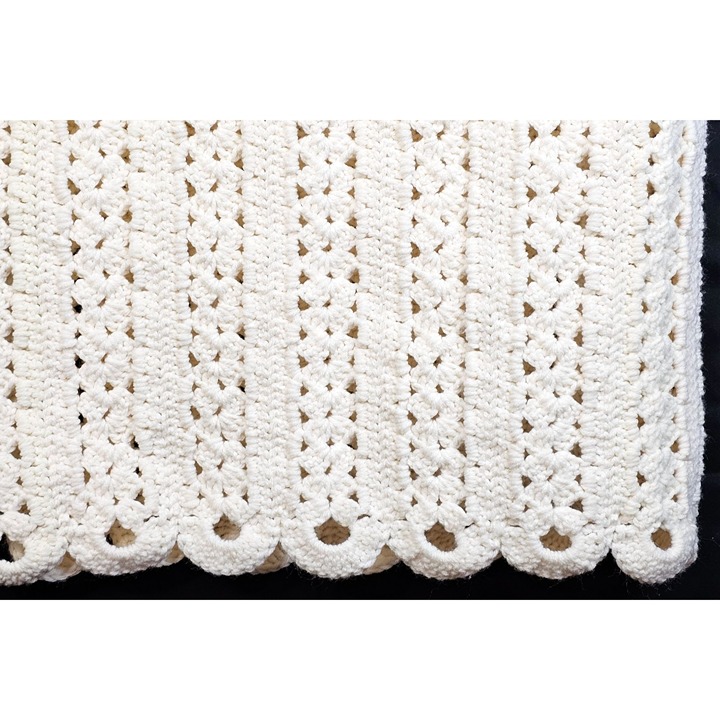 Vintage Handmade Ivory Crochet Blanket With Scalloped Edges & Openwork Pattern