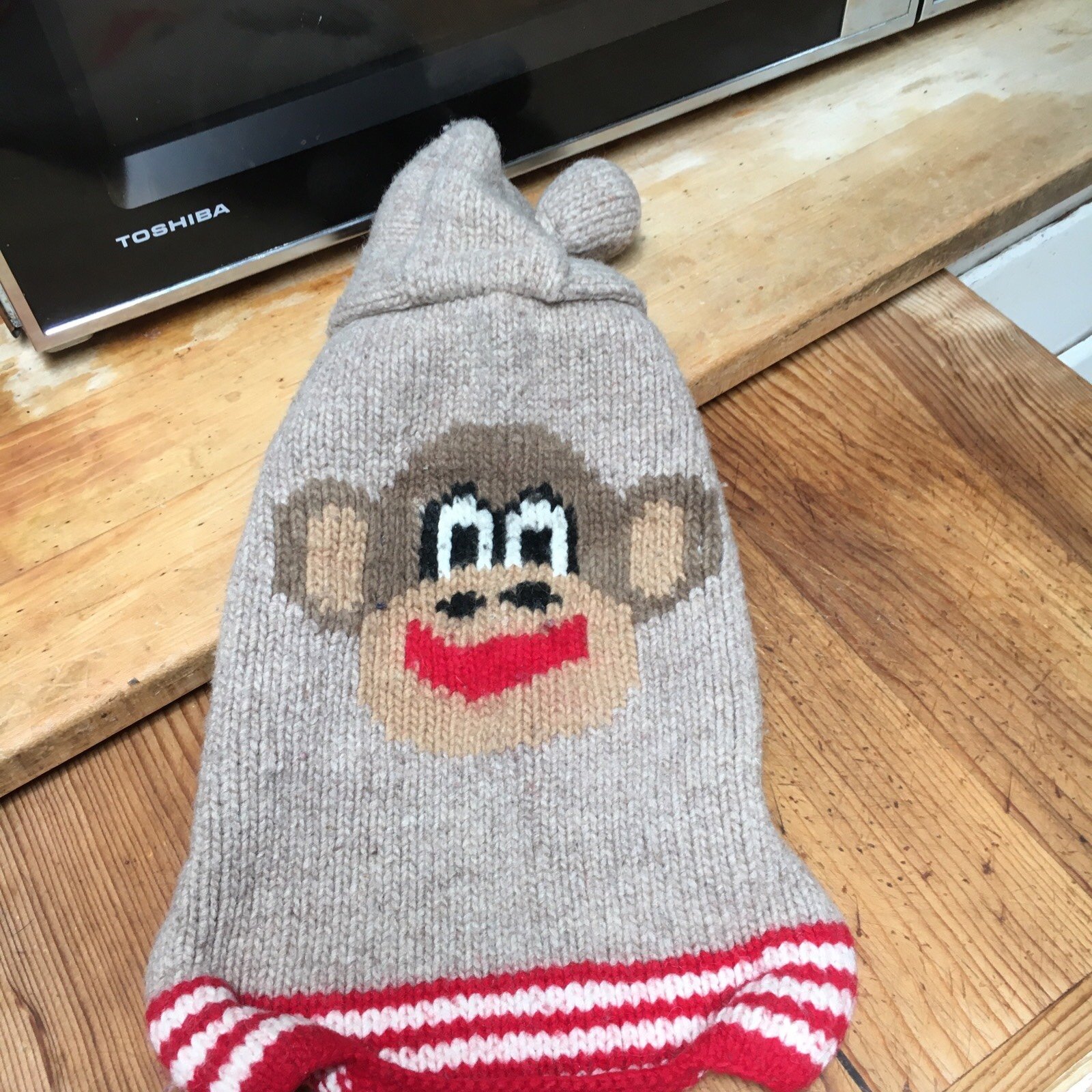 Chilly Dog hand knit in Ecuador sock monkey design 100% wool sweater