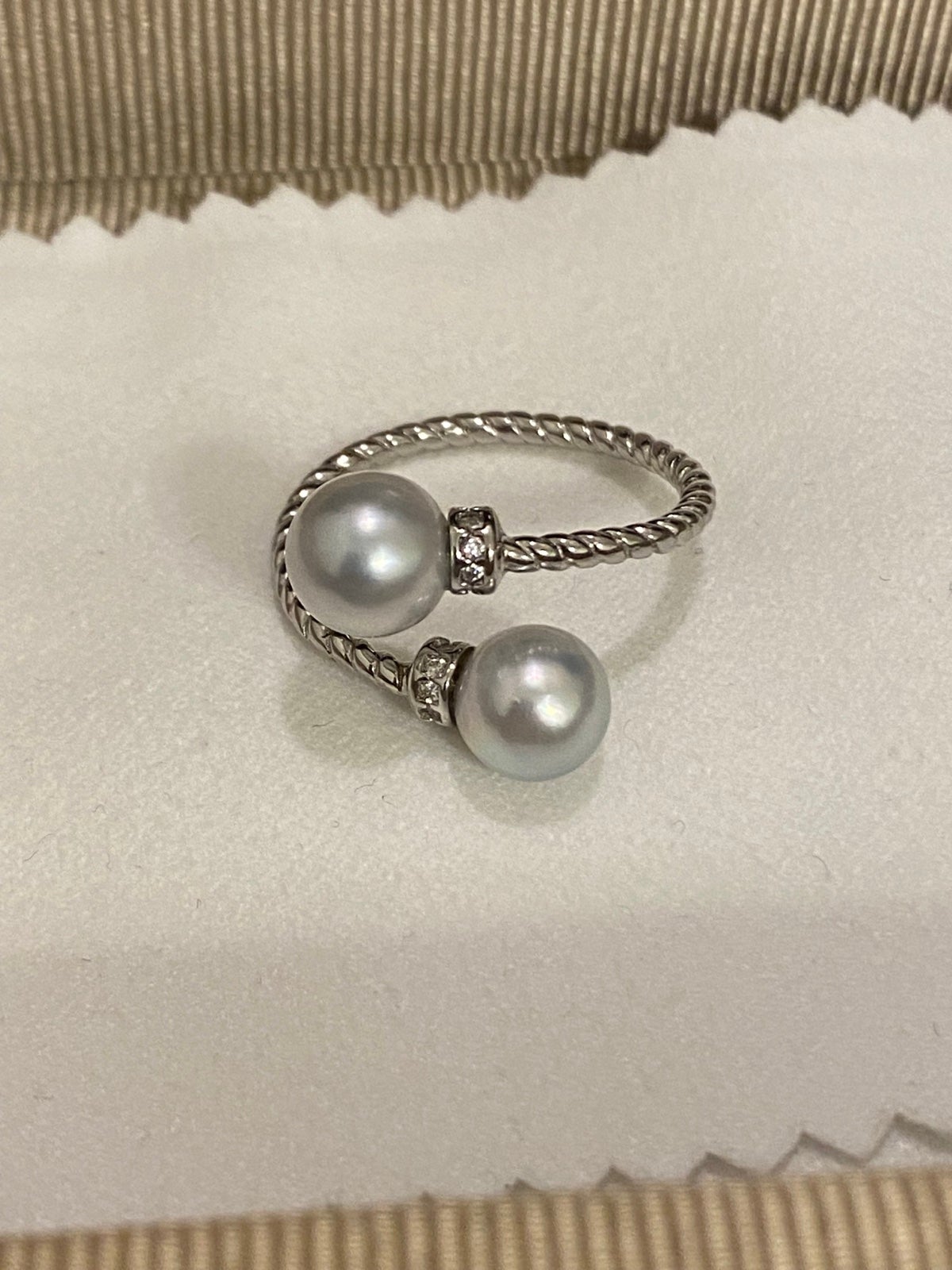 S925 Silver Gray Blue Akoya Sea Pearl Cable Rhinestone Ring
