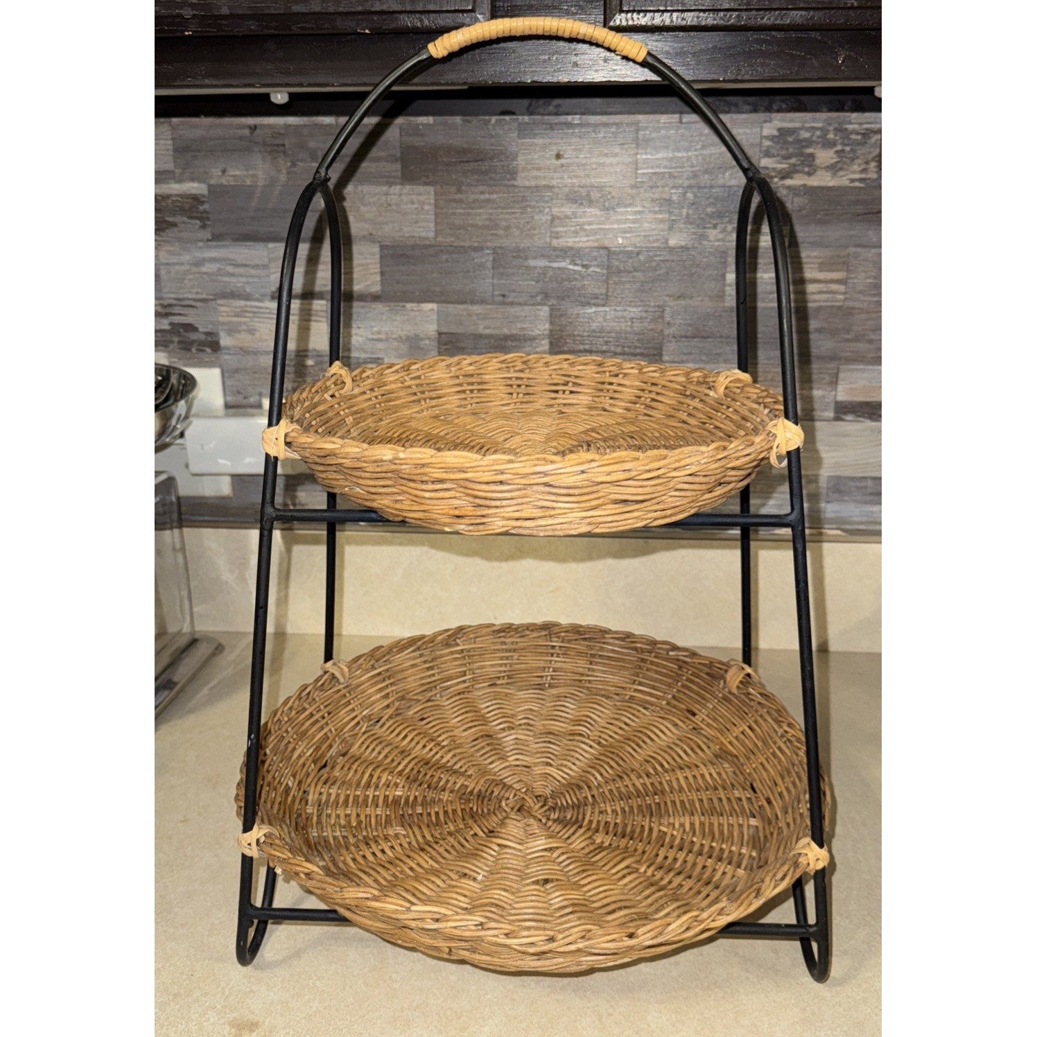 Vintage Wicker Metal 2 Tier Hostess Server 19 tall x13 Across