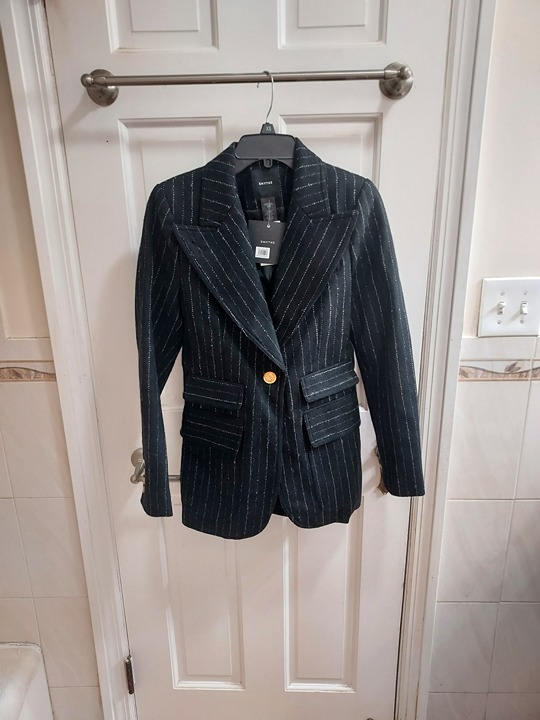 Smythe Black Birkin Pinstripe Wool Fitted Cutaway Blazer
