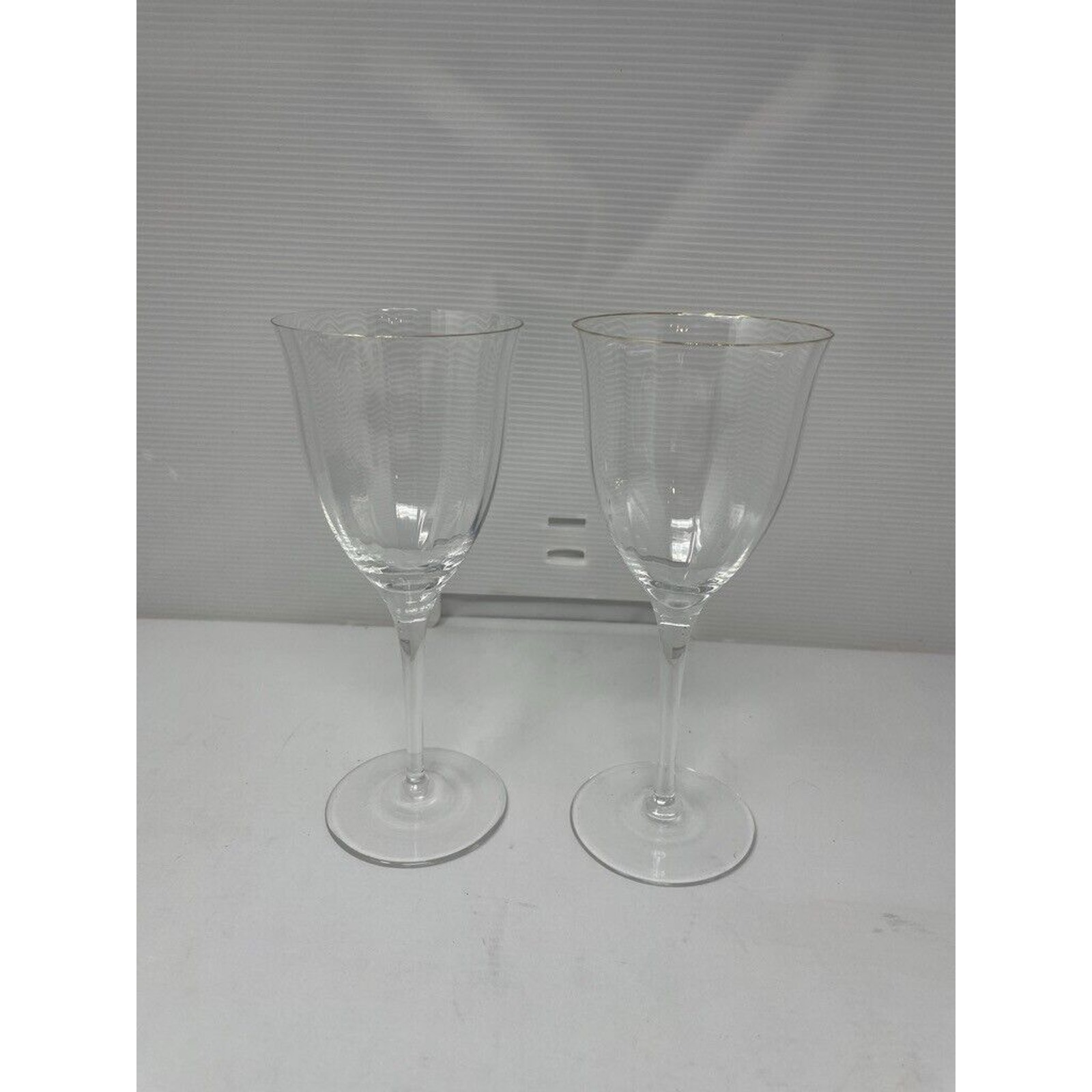 GORHAM CRYSTAL Wine Goblets Glasses Laurin Gold Optic Panel Elegant Stems Set 2