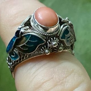 Vintage Sterling Silver Enamel Butterfly Rose Quartz Stone Antique Chinese Ring