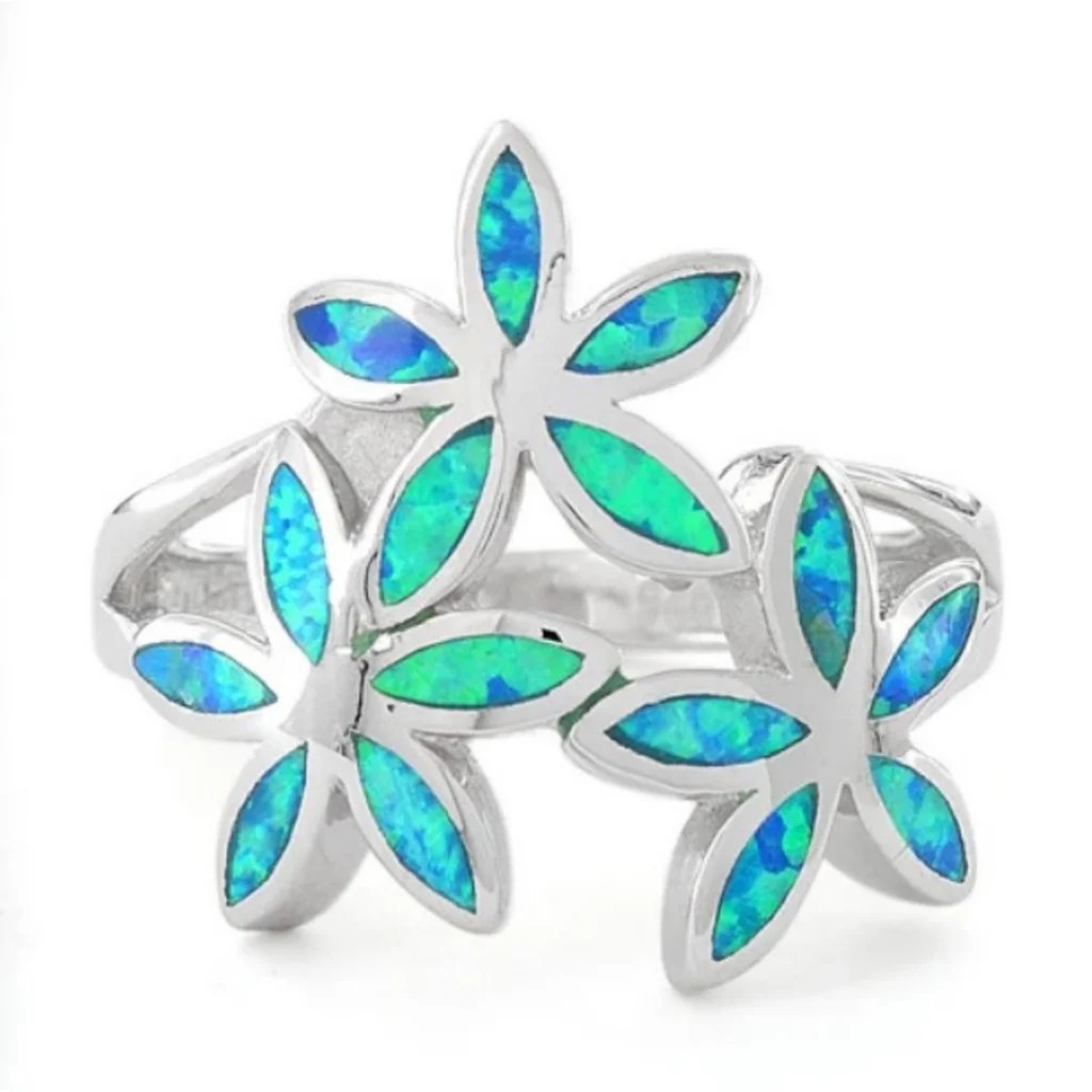Size 12, 925 STERLING SILVER Blue Fire Opal Plumeria Flower Ring
