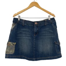 Vintage Y2k Mini Jean Skort Camo Printed Cargo Pockets Denim Cotton Womens 16