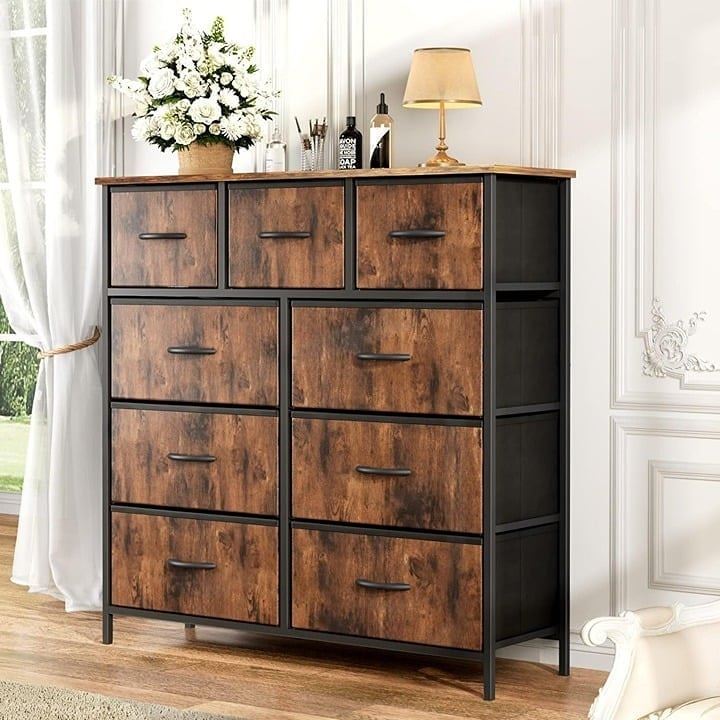 NEW Organizer Storage 9 Chest of Drawers Tall Dresser w/ Fabric Bins ( Furniture