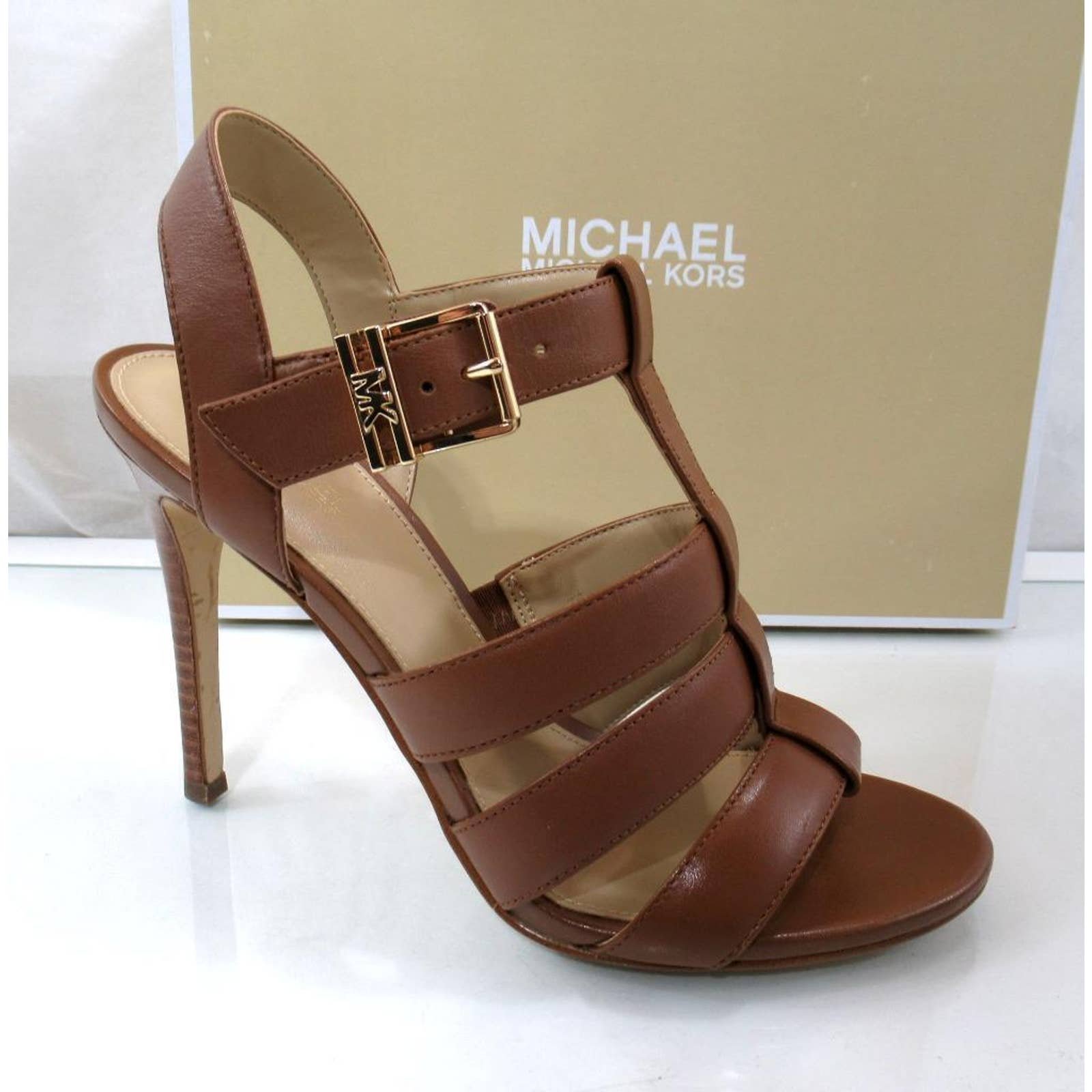 Michael Kors Jagger High Heel Stiletto Strappy Sandal Leather Luggage Size 7