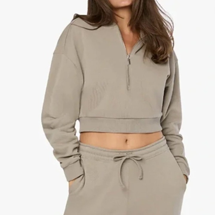 WEWOREWHAT Half Zip Cropped Fleece Hoodie Stone Size Medium 118