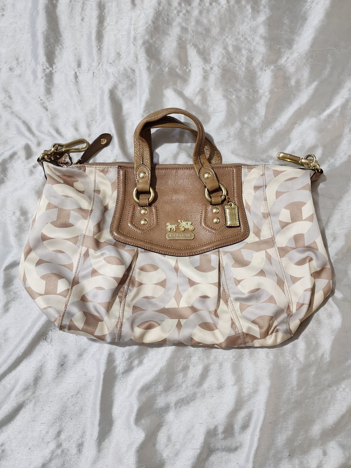 Coach Leather & Sateen Signature Chainlink Audrey Ivory & Beige Handbag