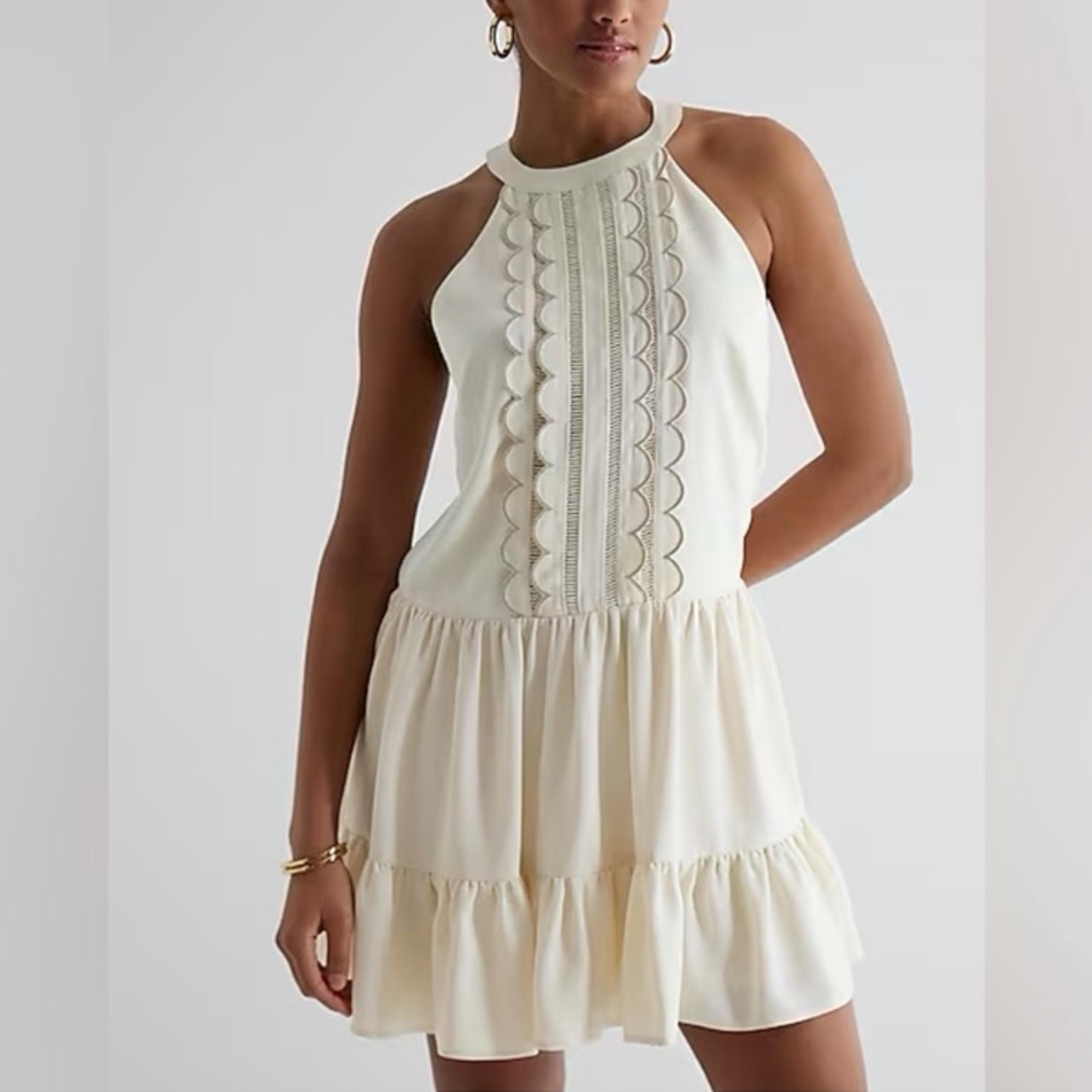 NWT Express Embroidery Embroidered Halter Neck Scalloped Front Shift Dress XS