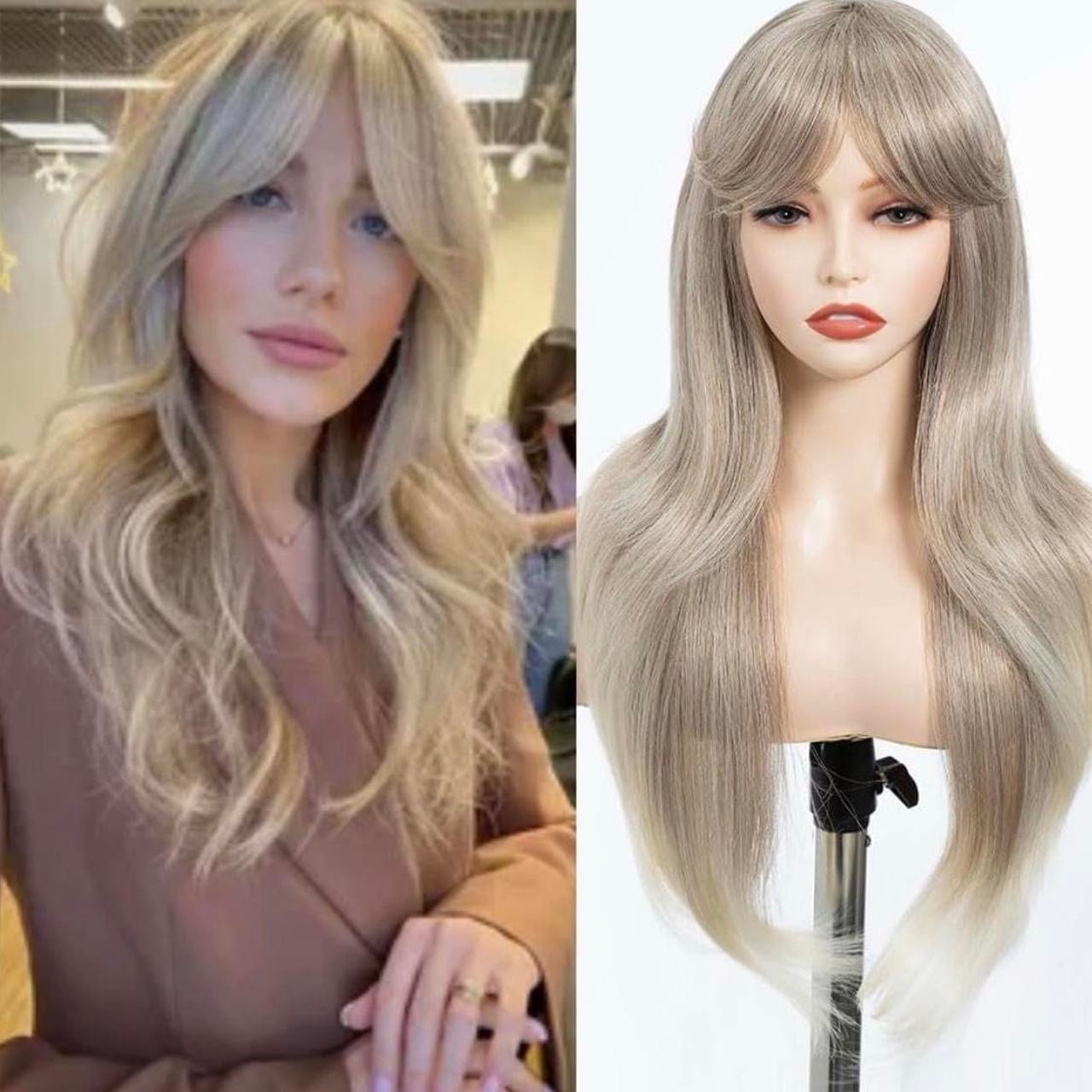 Human hair blend ash blonde natural straight wig with bang.