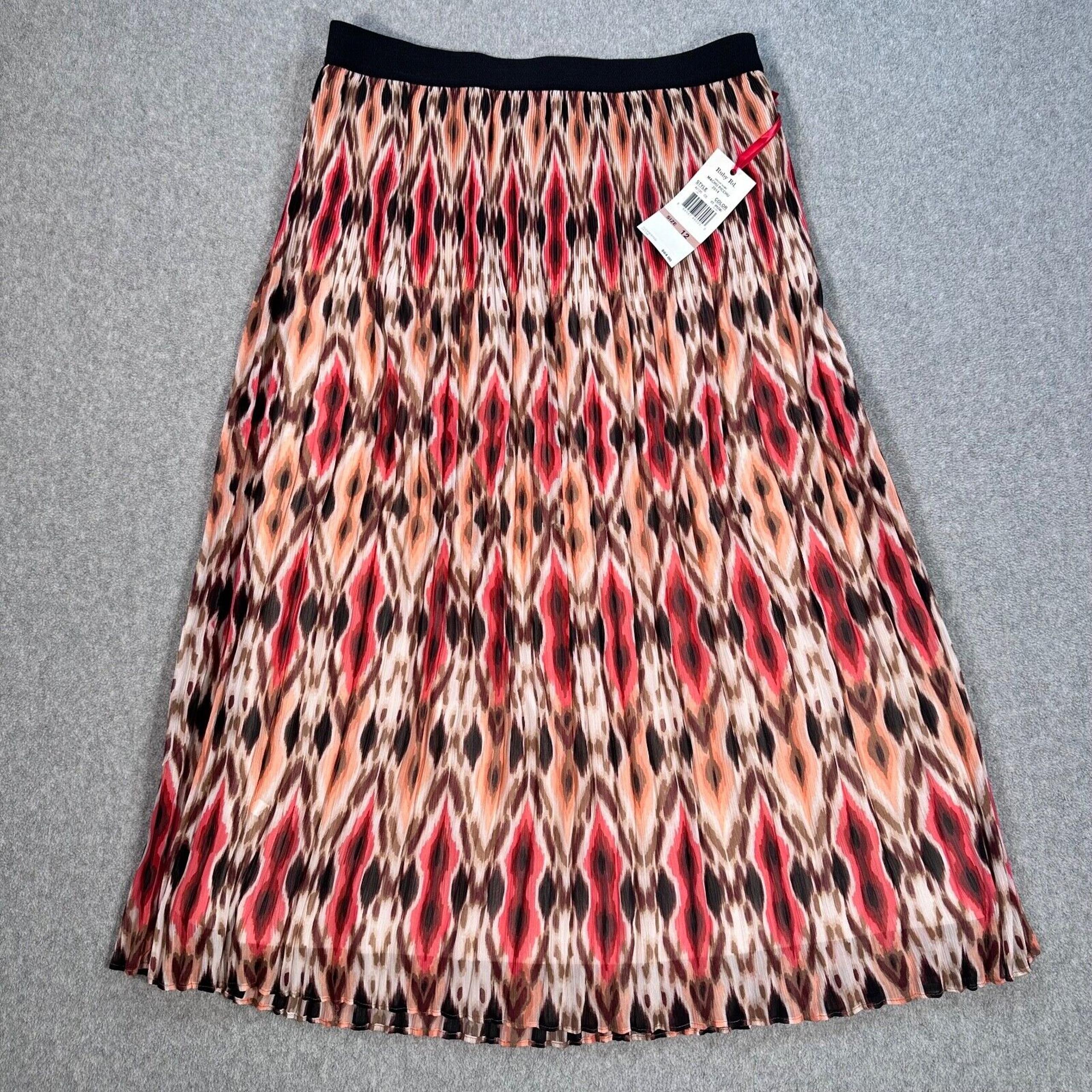Ruby Rd. Crinkle Maxi Skirt Women's 12 Red/Pink Aztec Skirt Elastic Waist New