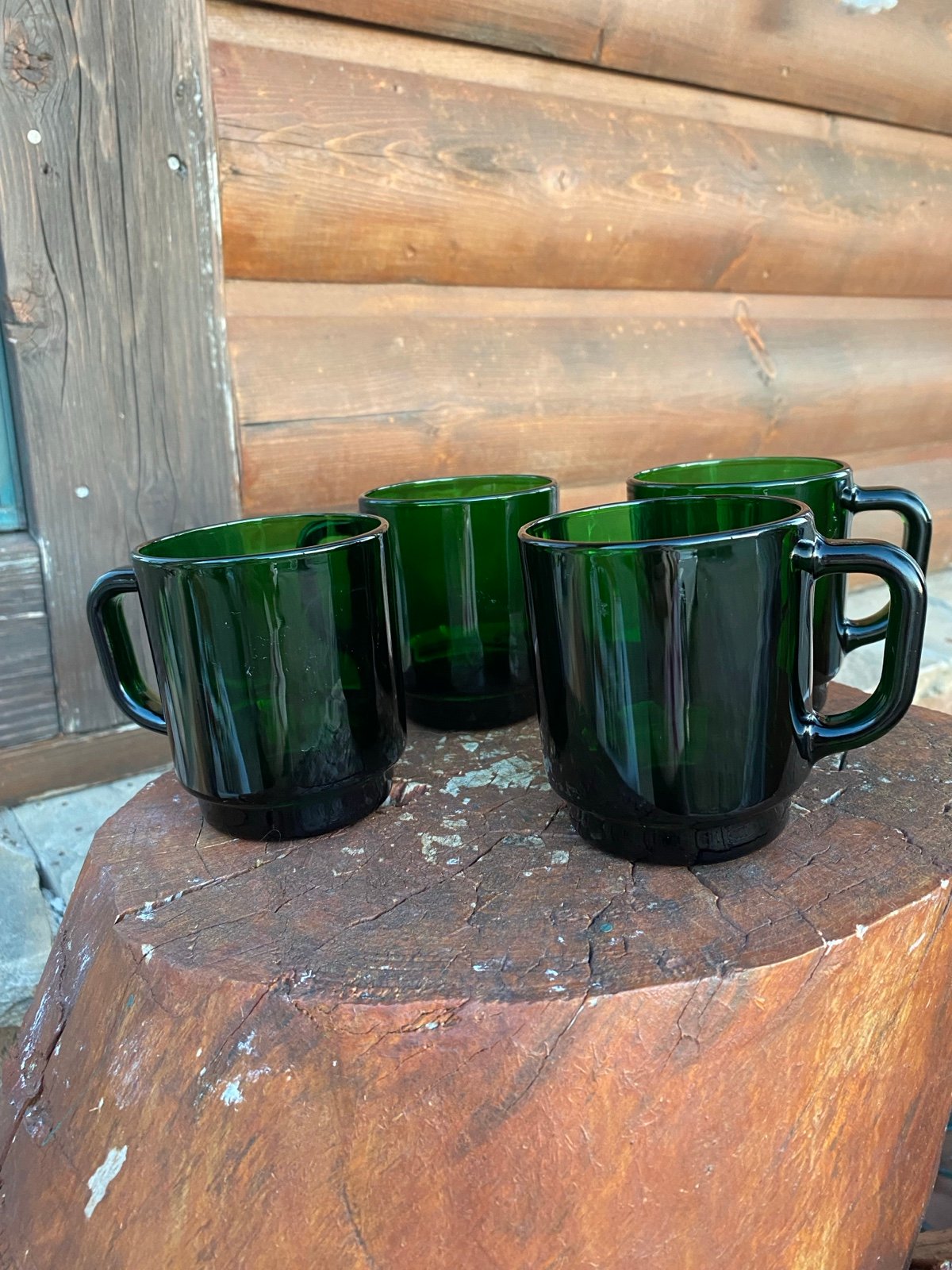 Vintage Arcoroc France Emerald Green Glass Mugs Set of 4