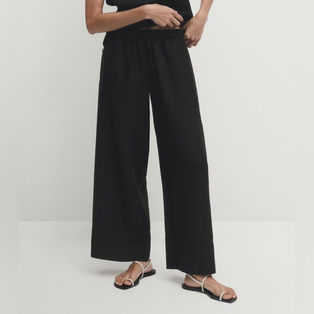 NWT Massimo Dutti Women's 100% Linen Palazzo Joggers Pants In Black Size 8