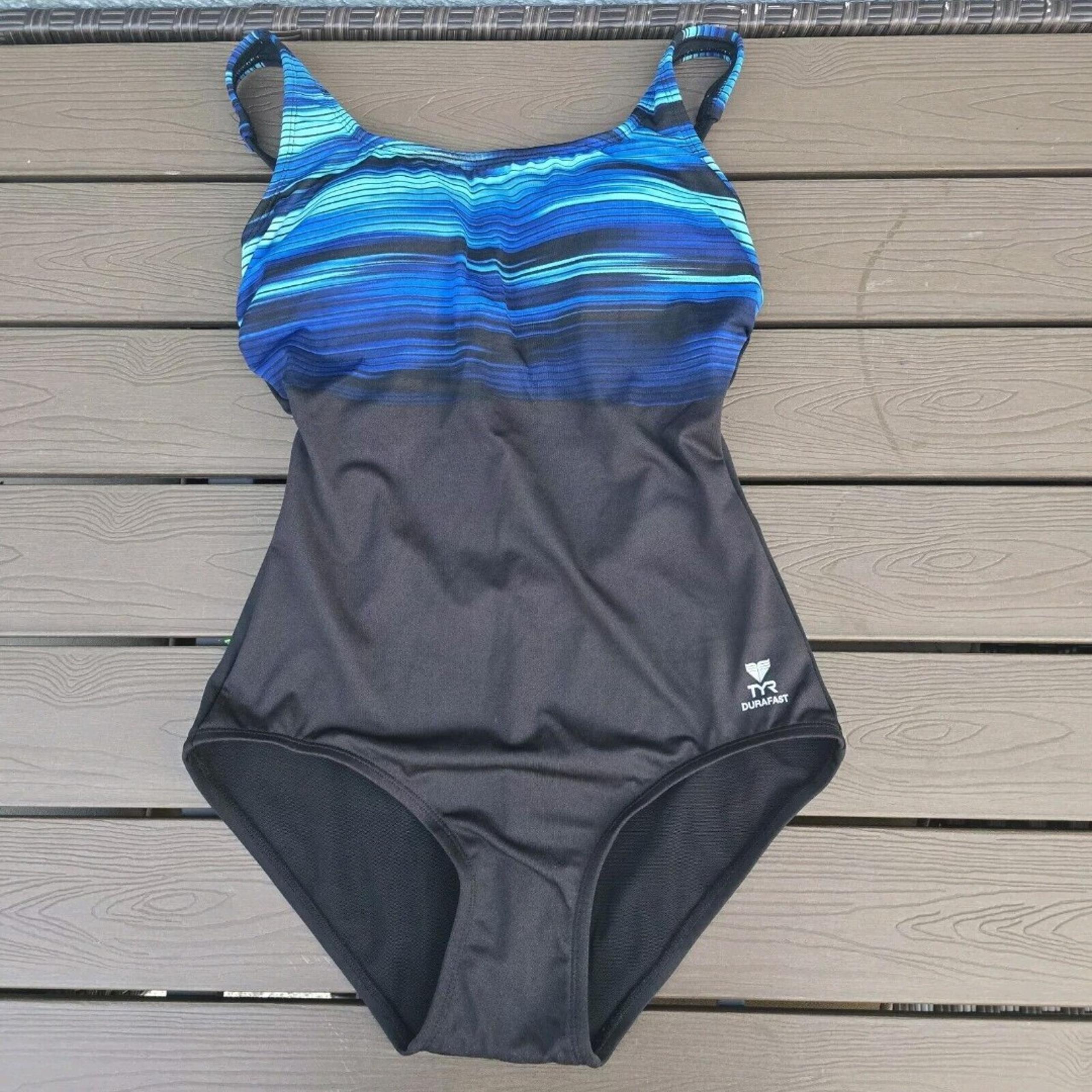 TYR Durafast Daybreak Scoop Neck Blue Control Fit 1 Piece Suit Sz 8 New Sample
