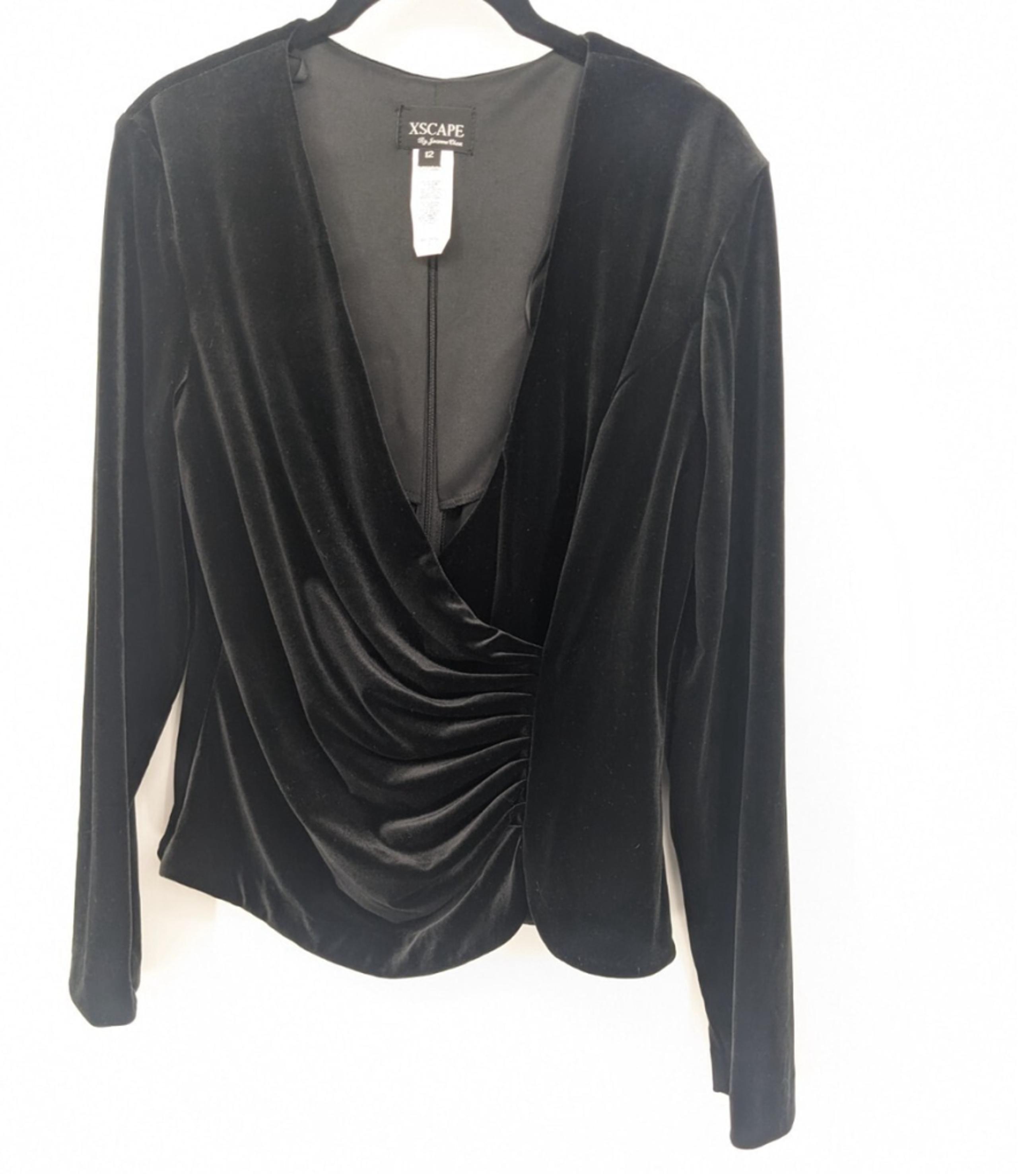 Xscape Vintage Blouse Womens 12 Black Velvet Ruched Faux Wrap Top Whimsigoth