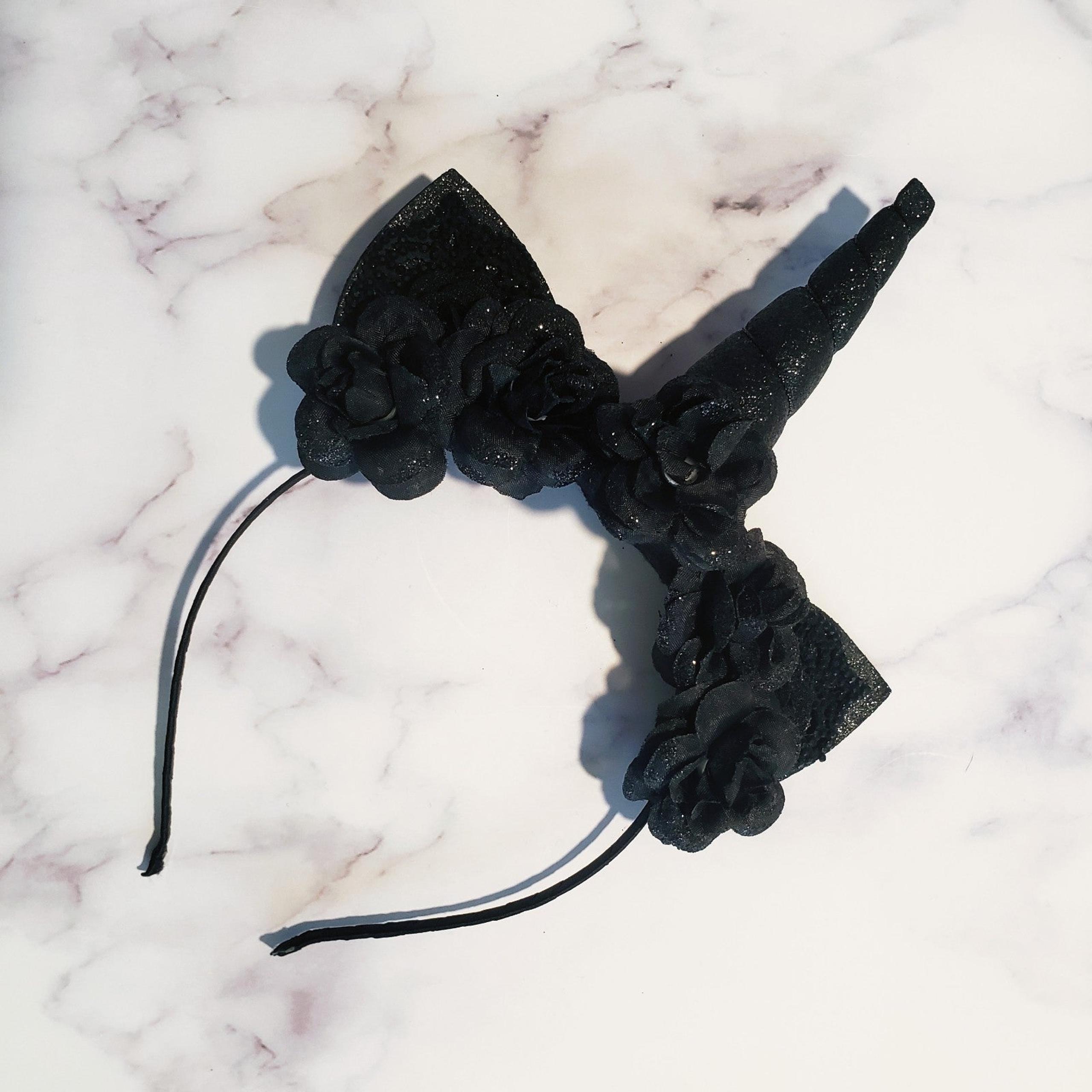 Glittery, black, Unicorn headband with flowers