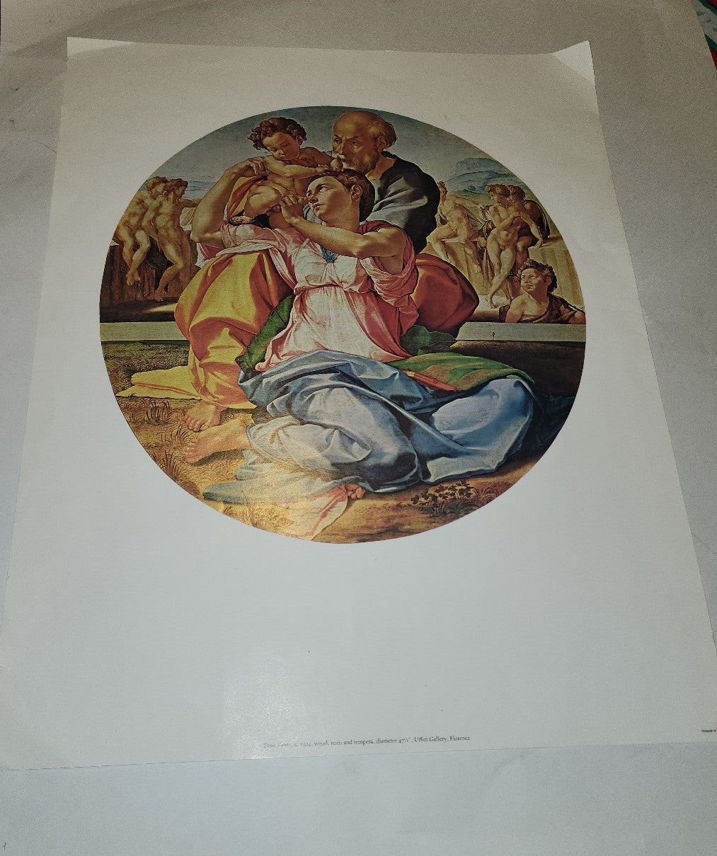 Vtg Doni Tondo Print 16x20 Michaelangelo marked Uffizi Gallary Florence Italy