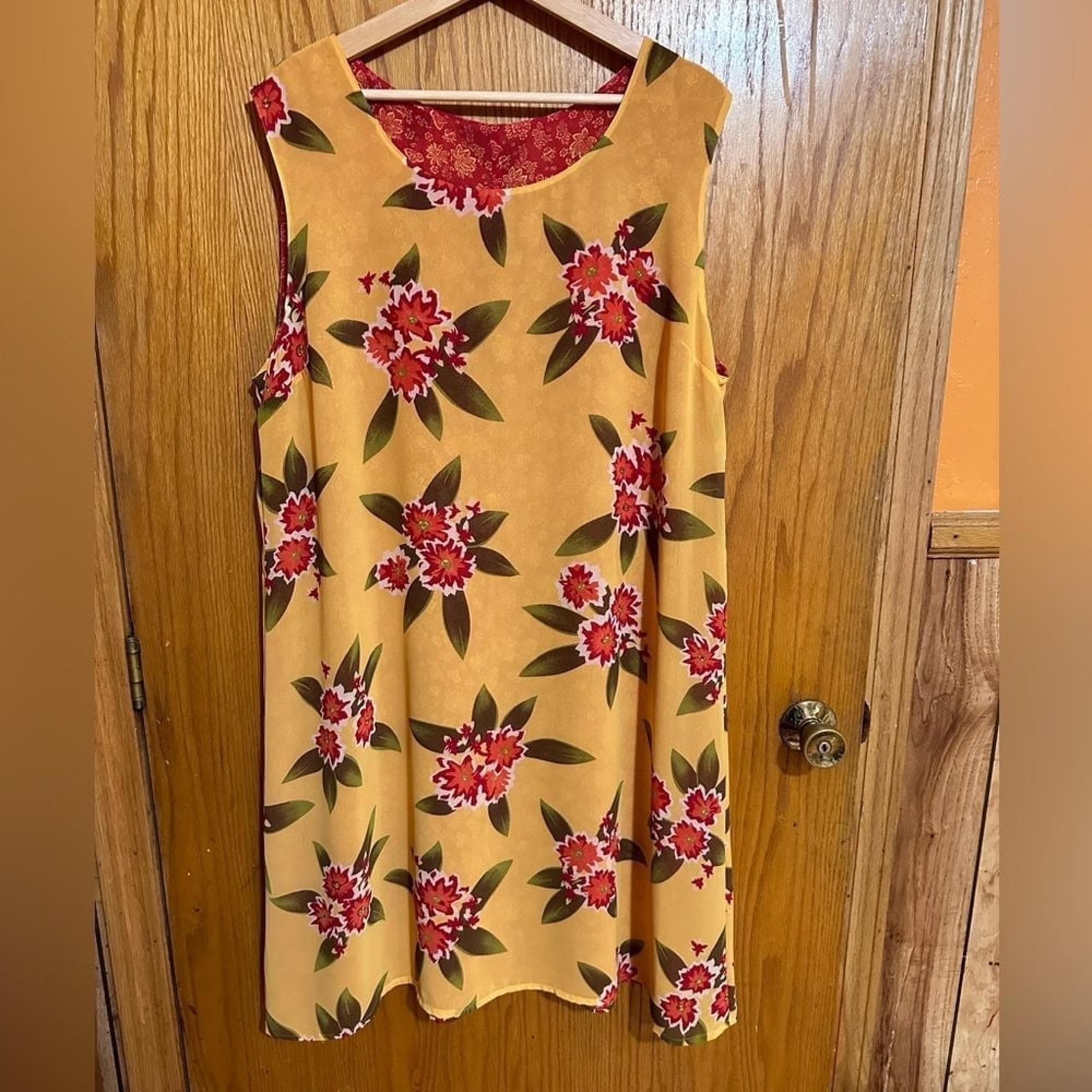 Vintage 90s Red & Yellow Floral Print Reversible Maxi-Length Sleeveless Sundress