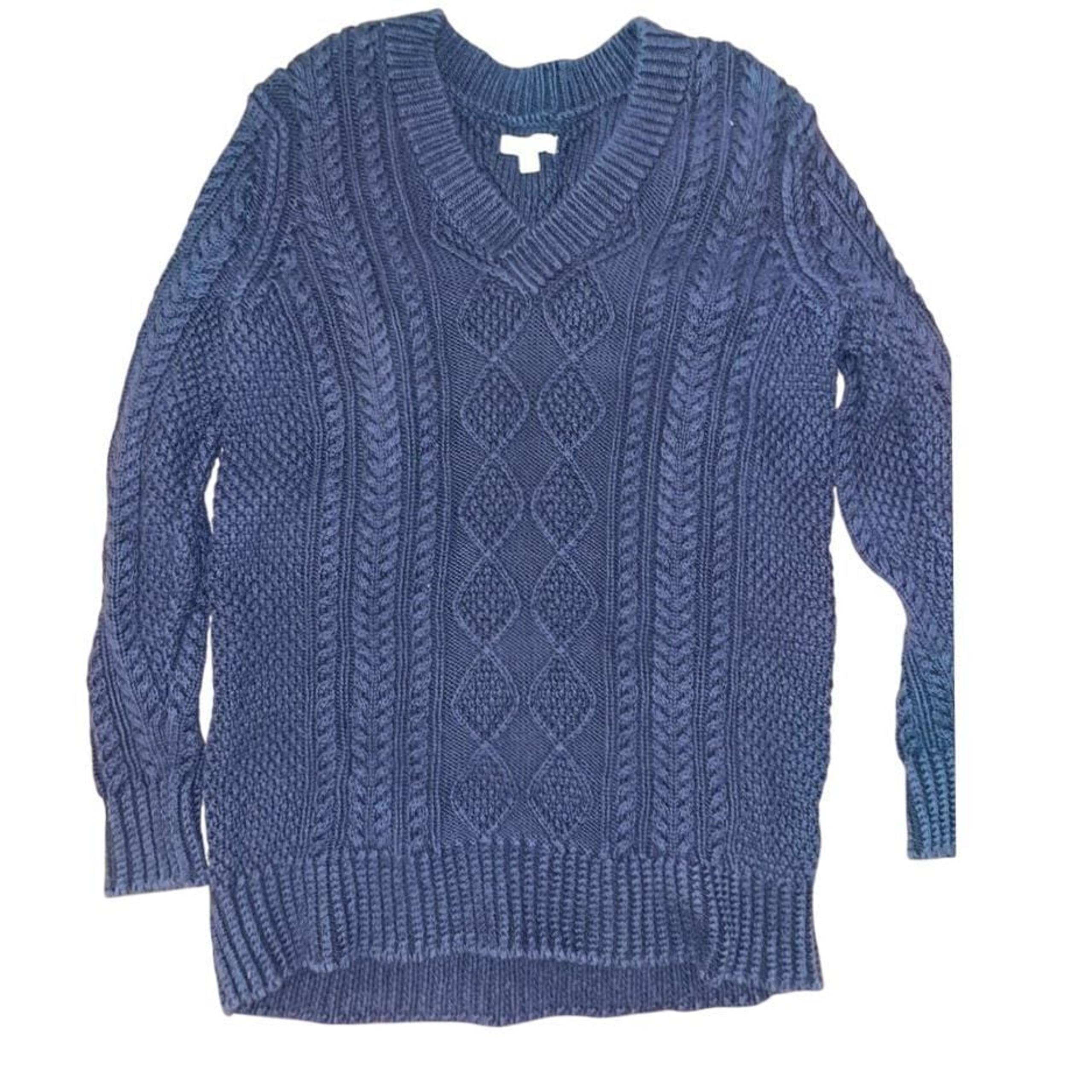 LL Bean Women's Signature Cotton Fisherman Sweater, V-Neck Tunic Navy Blue Med