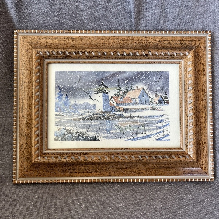Maine Miniature Watercolor Painting Evening Squall Grindle Point Stan Van Horn