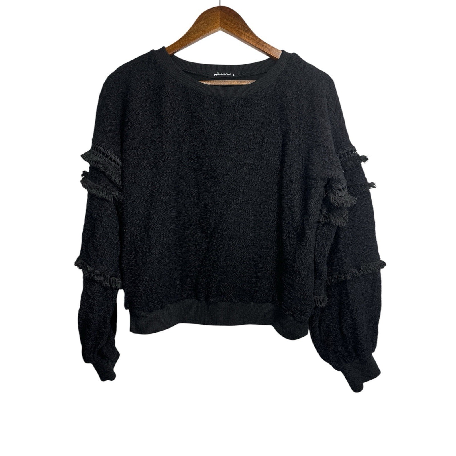 Olivaceous Women's Black Long Sleeve with rows of fringing L Sweatshirt Bohemian