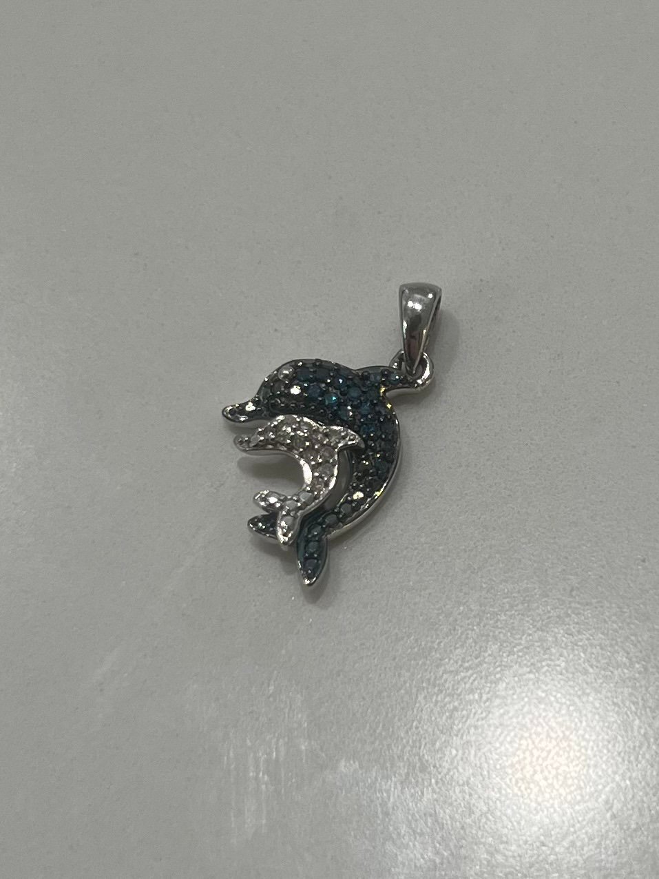SUN 925 Sterling Silver Real Round-Cut Blue & White Diamond Dolphin Mini Pendant