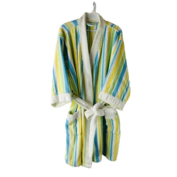 VTG 90s Womens XL Terry Cloth Rainbow Multicolor Stripe Belted Bath Robe