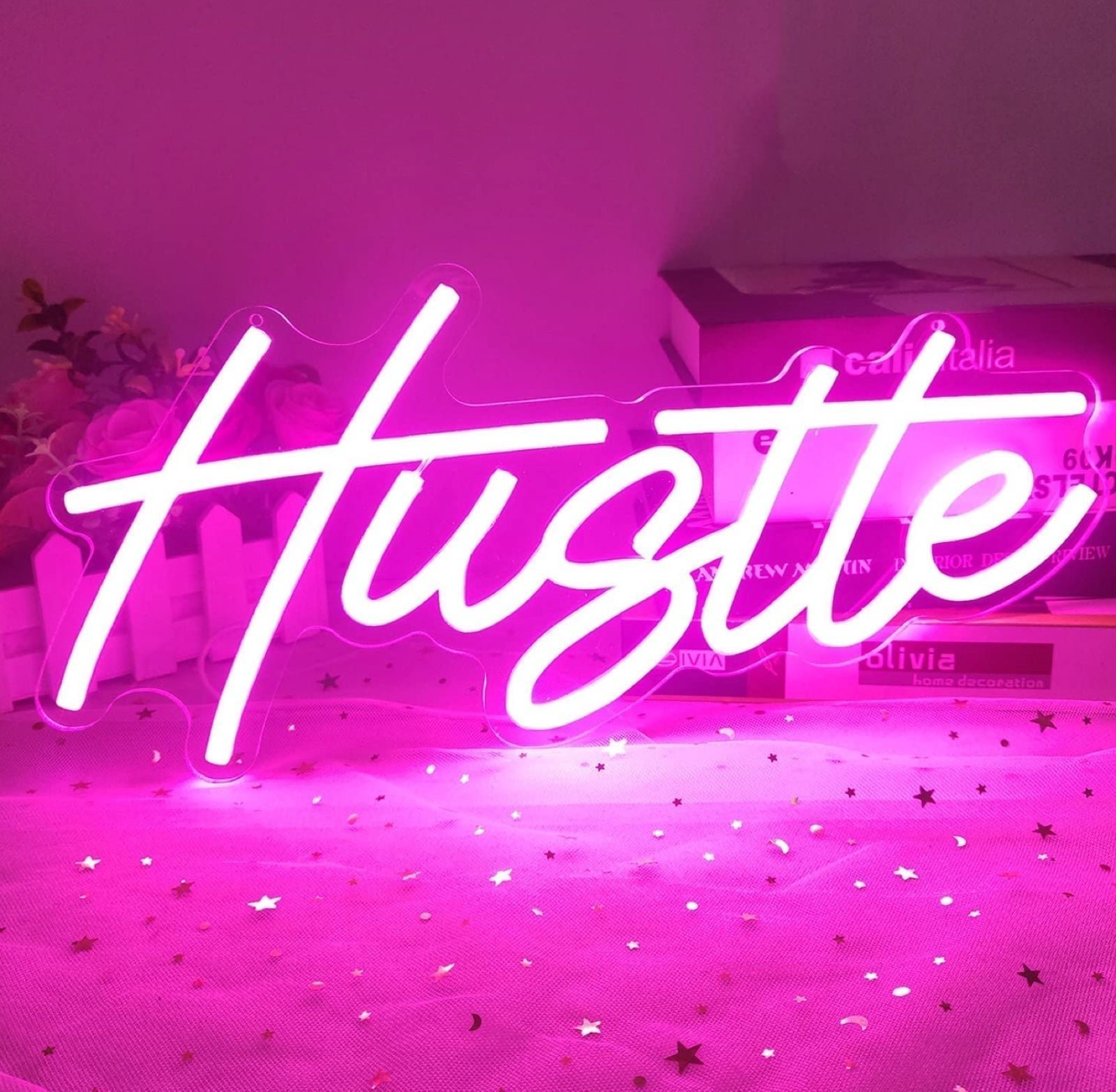 Bright Pink Hustle LED Night Light Room Office Wall Motivation Decoration