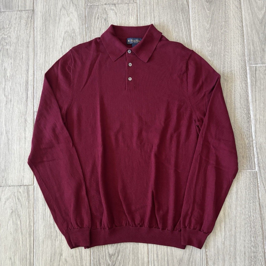 Brooks Brothers Polo Sweater Fine Italian Merino Wool Long Sleeve Mens Large
