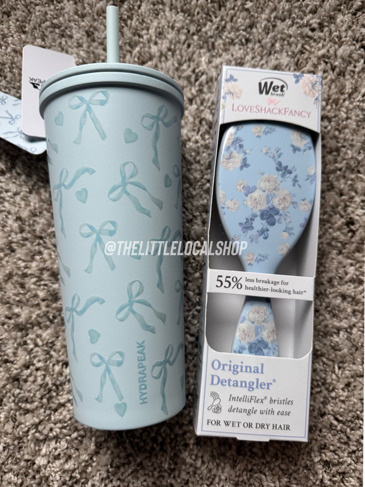 LoveShackFancy hairbrush and blue bow tumbler with straw