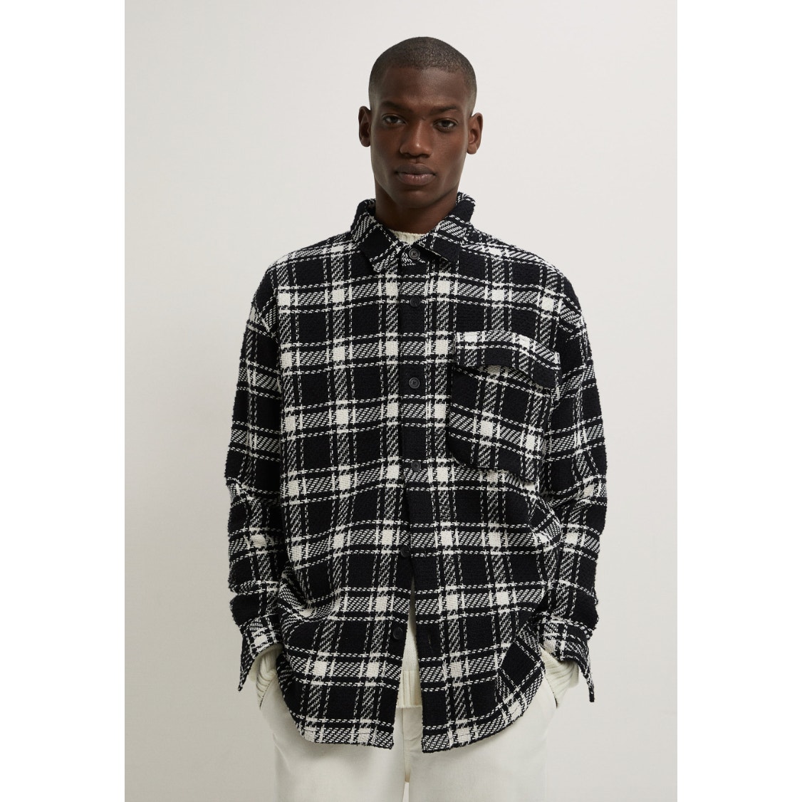 ZARA Black White Textured Check Plaid Overshirt Button-Up Shacket Relaxed Fit S