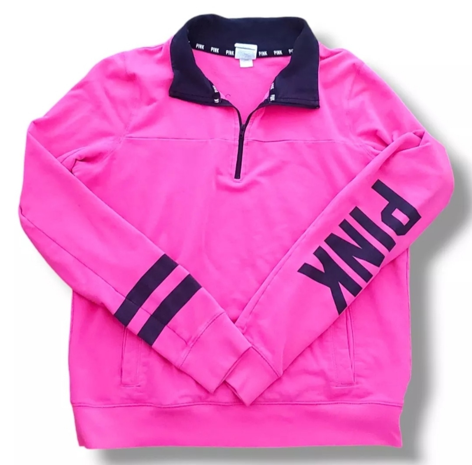 Victoria's Secret PINK Size Medium Pullover 1/4 zip Thumb Holes Logo Pink Black