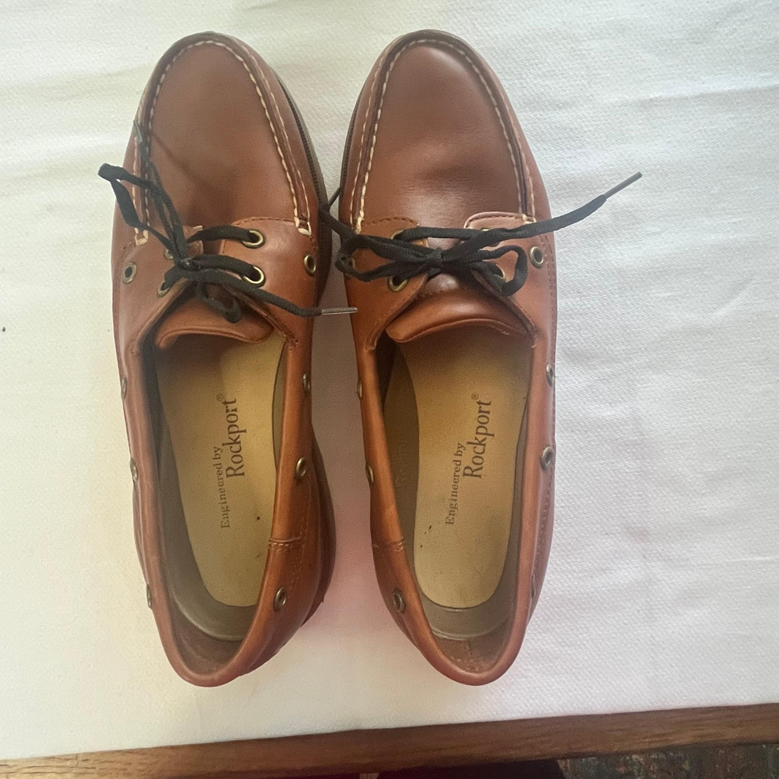 Rockport Men's Brown  Leather Boat Deck Shoes, Black Fabric Laces Size 9.5M