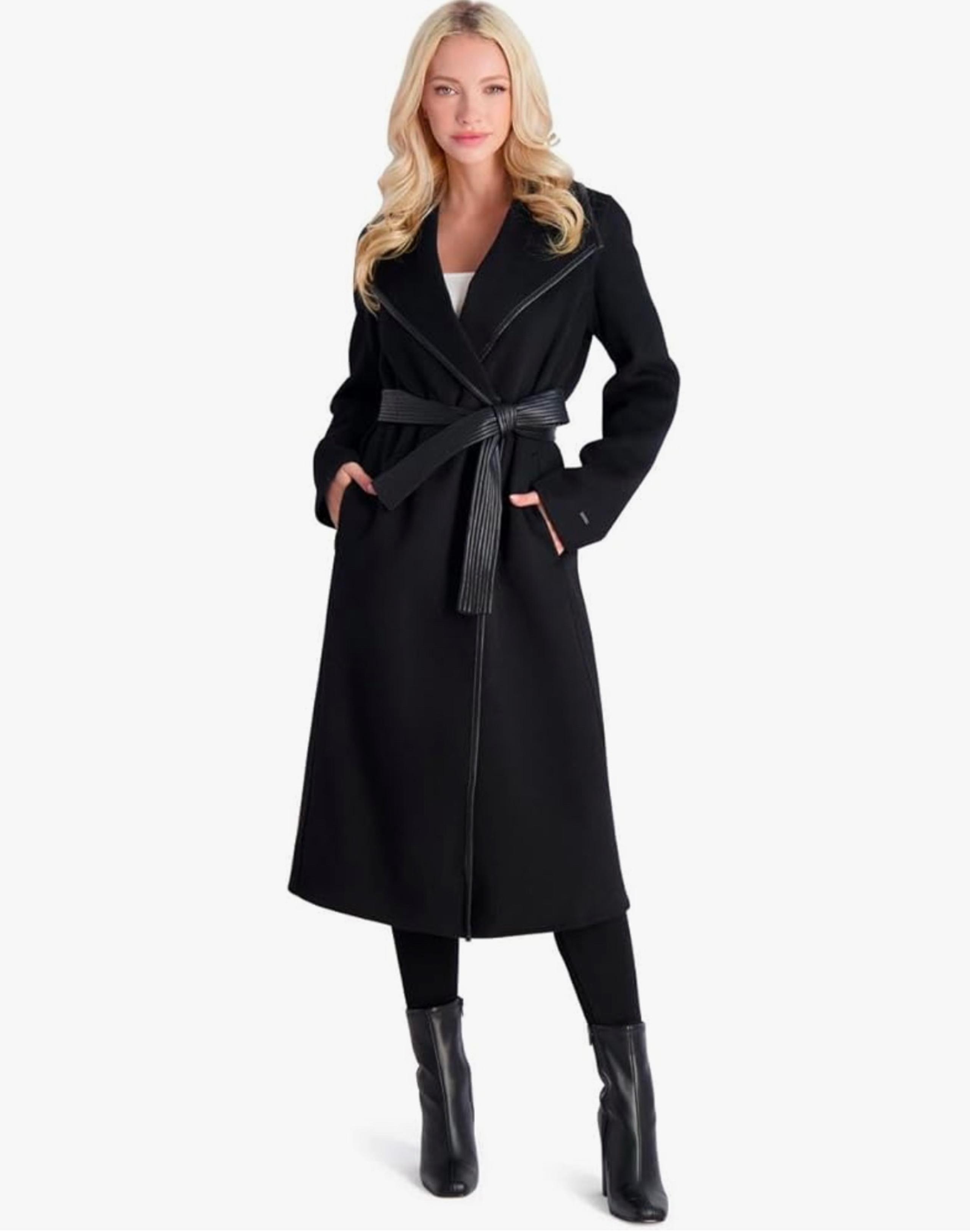 Tahari Juliette Women's Wool Blend Double Face Faux Leather Trim Belted Coat SM