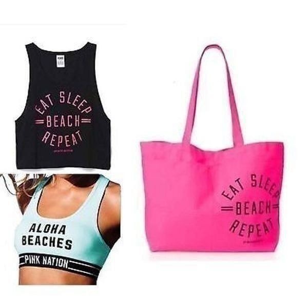 NWT M 3Pz Victoria's Secret Tote Bag ,Bra,Tank Top Pink Black Eat Sleep Beach