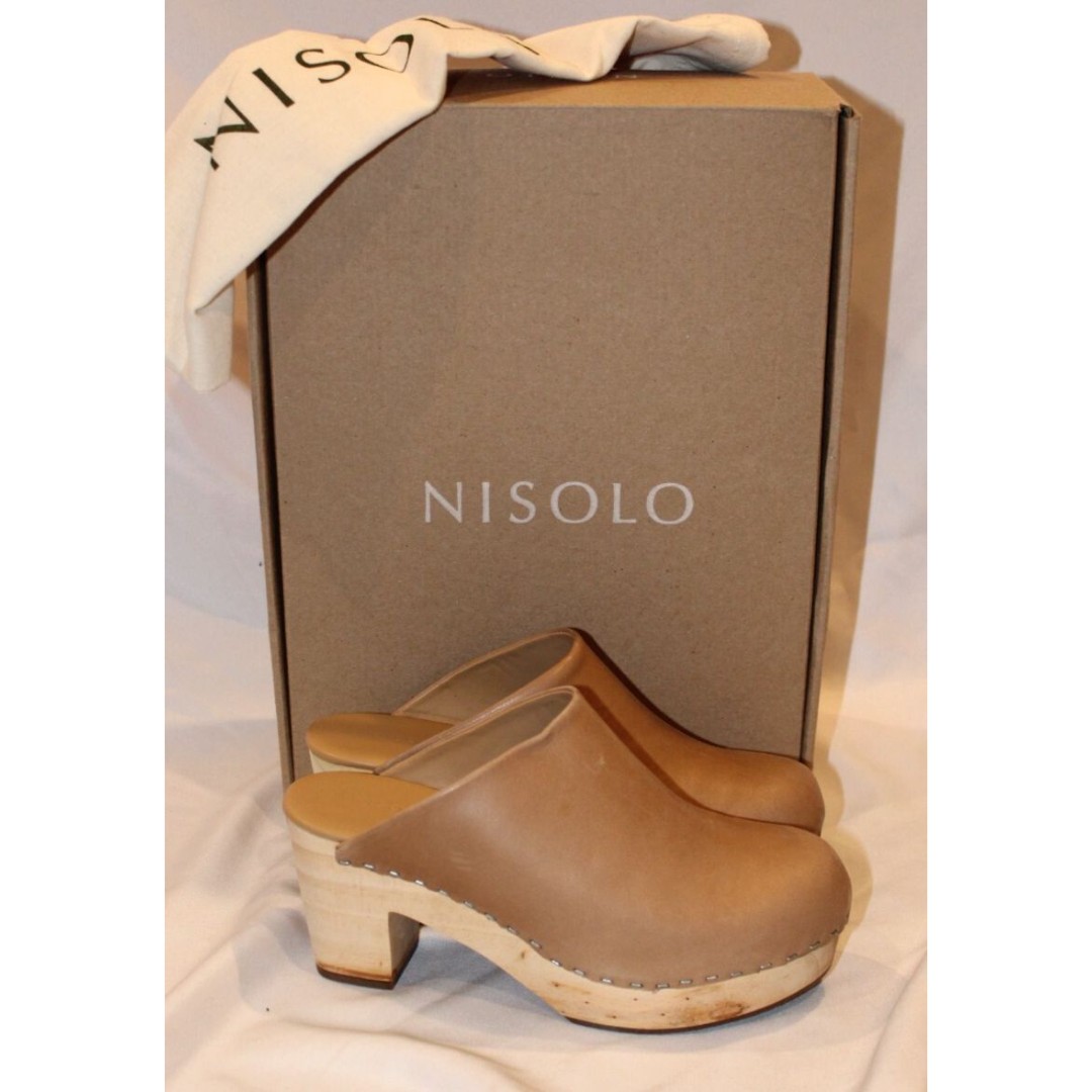Nisolo Leather Closed Toe Slip On Wooden All Day Mule Heeled Clogs 6 ALMOND