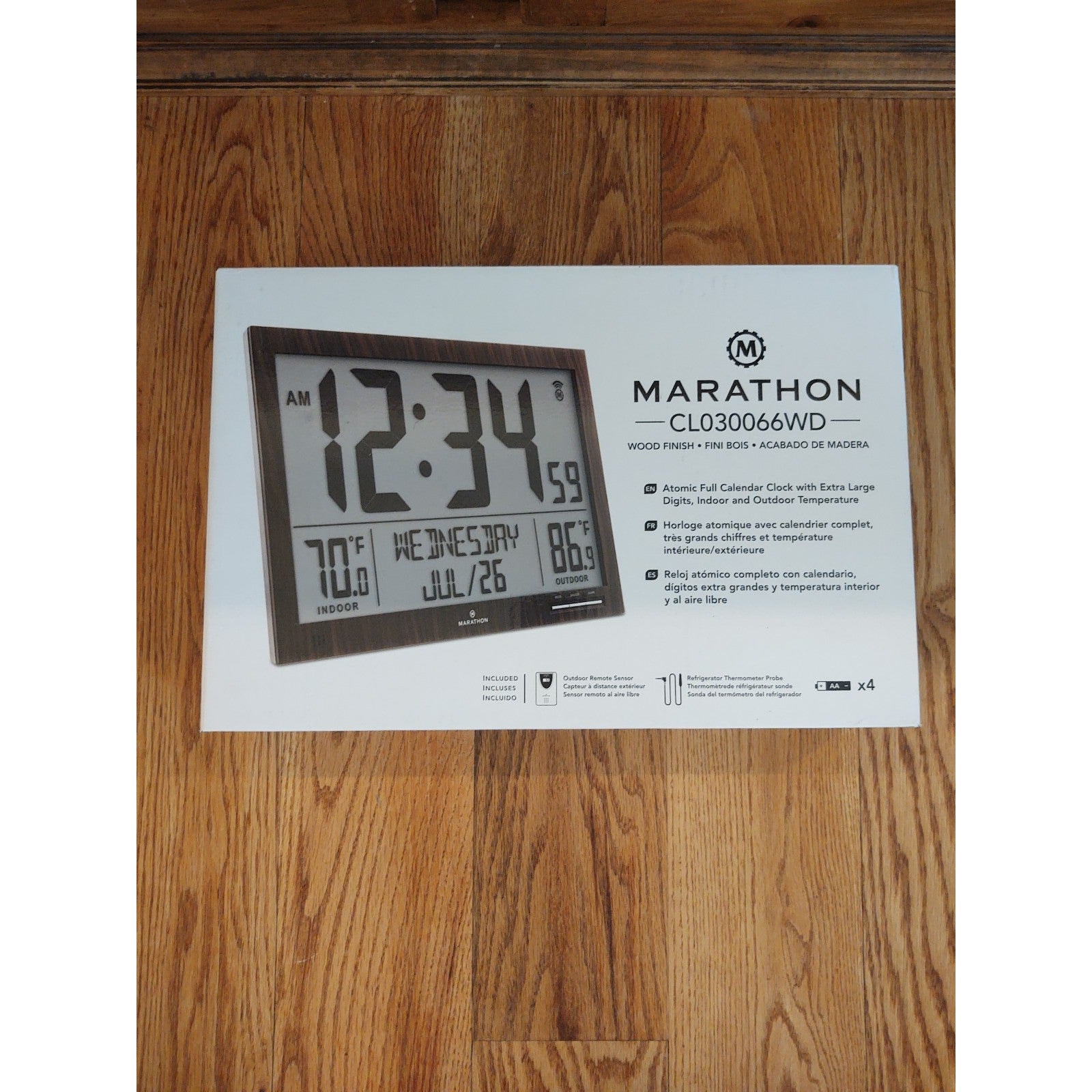 New Marathon CL030066WD Atomic Full Calendar Clock Wood Tone