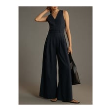 Anthropologie 'The Avery' Navy Wide Leg Sleeveless V Neck Jumpsuit By Maeve