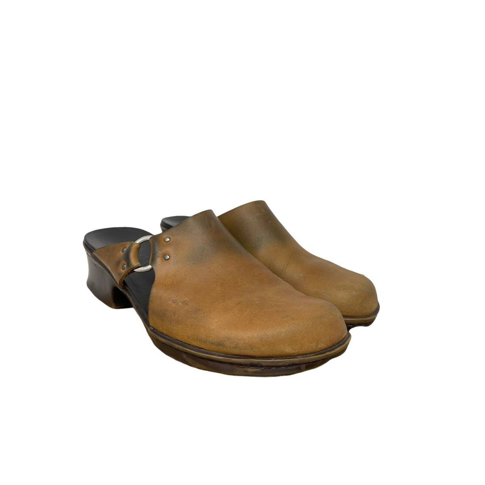 TIMBERLAND Heeled Mules~Clogs Womens Brown/Mustard Leather Size 9/9.5
