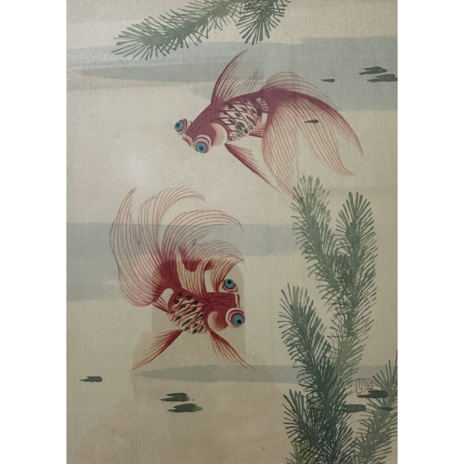 Vintage Asian Original Painted on Silk A Set Of Two Koi Fish Stamped