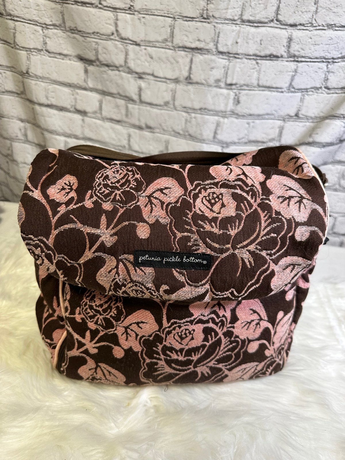 Petunia Pickle Bottom Brown Floral Diaper Bag With Straps and Stroller Hooks
